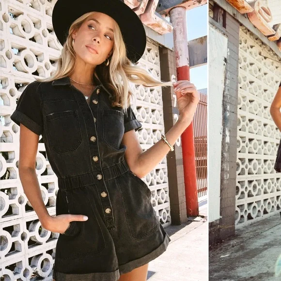 Show Me Your Mumu washed black denim Cannon Romper NWT - Picture 3 of 5